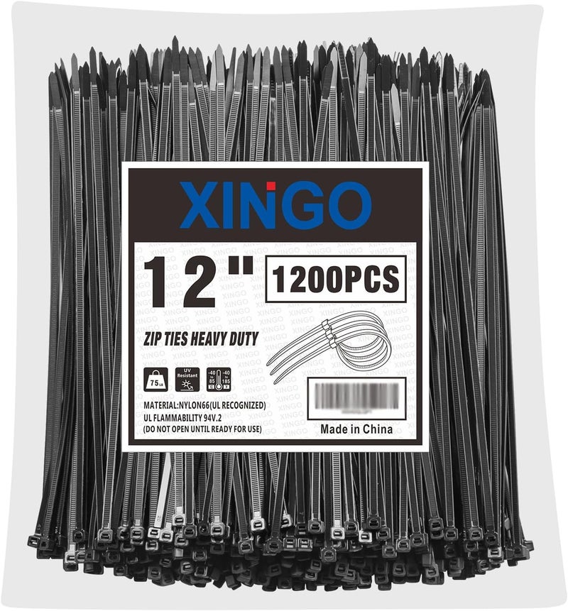 XINGO 12 Inch Black Zip Ties 1200 PCS, 75 LBS Tensile Strength, UV Resistant Cable Ties, Premium Self-locking Plastic Ties for Indoor and Outdoor Use - Image 1